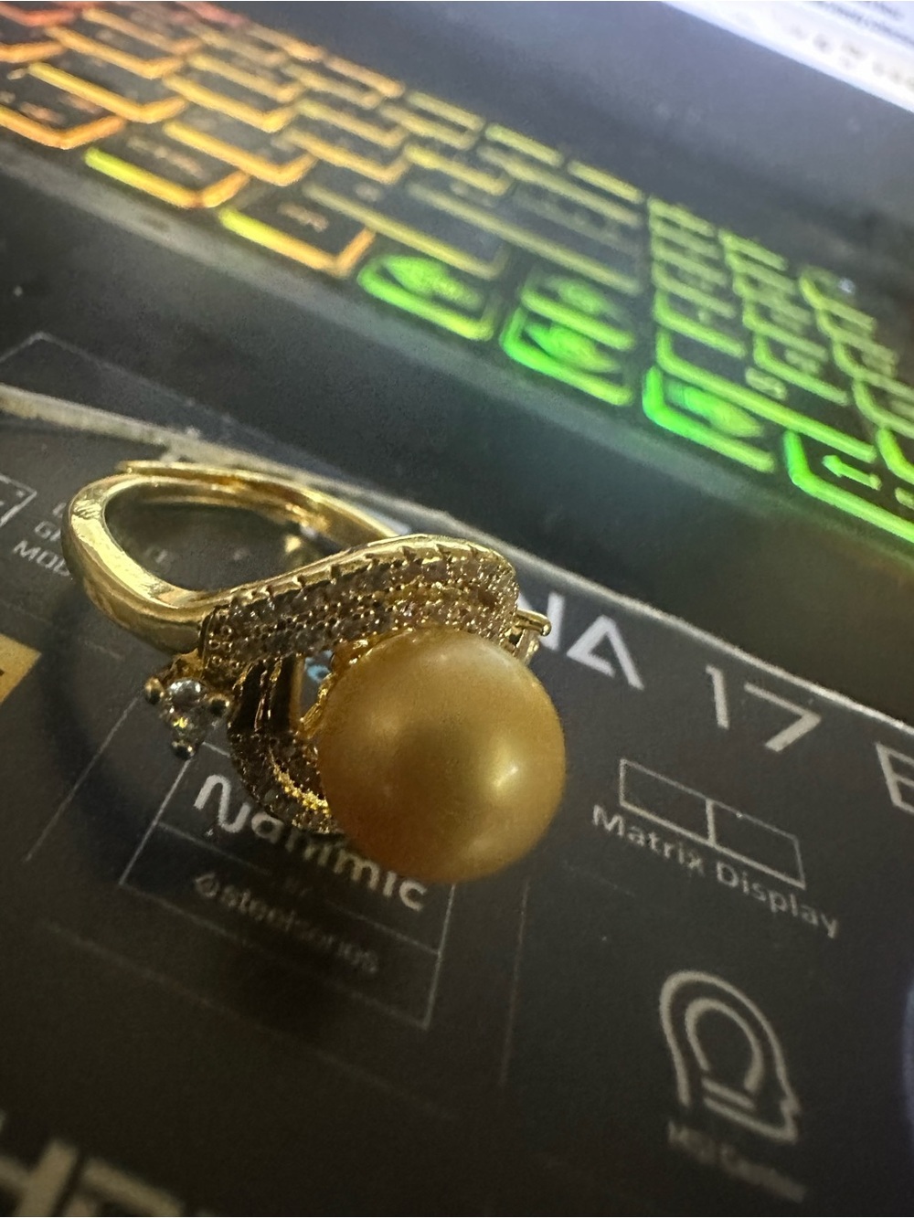 Gold Pearl unisex Cocktail Ring with Pavé Accents crystals